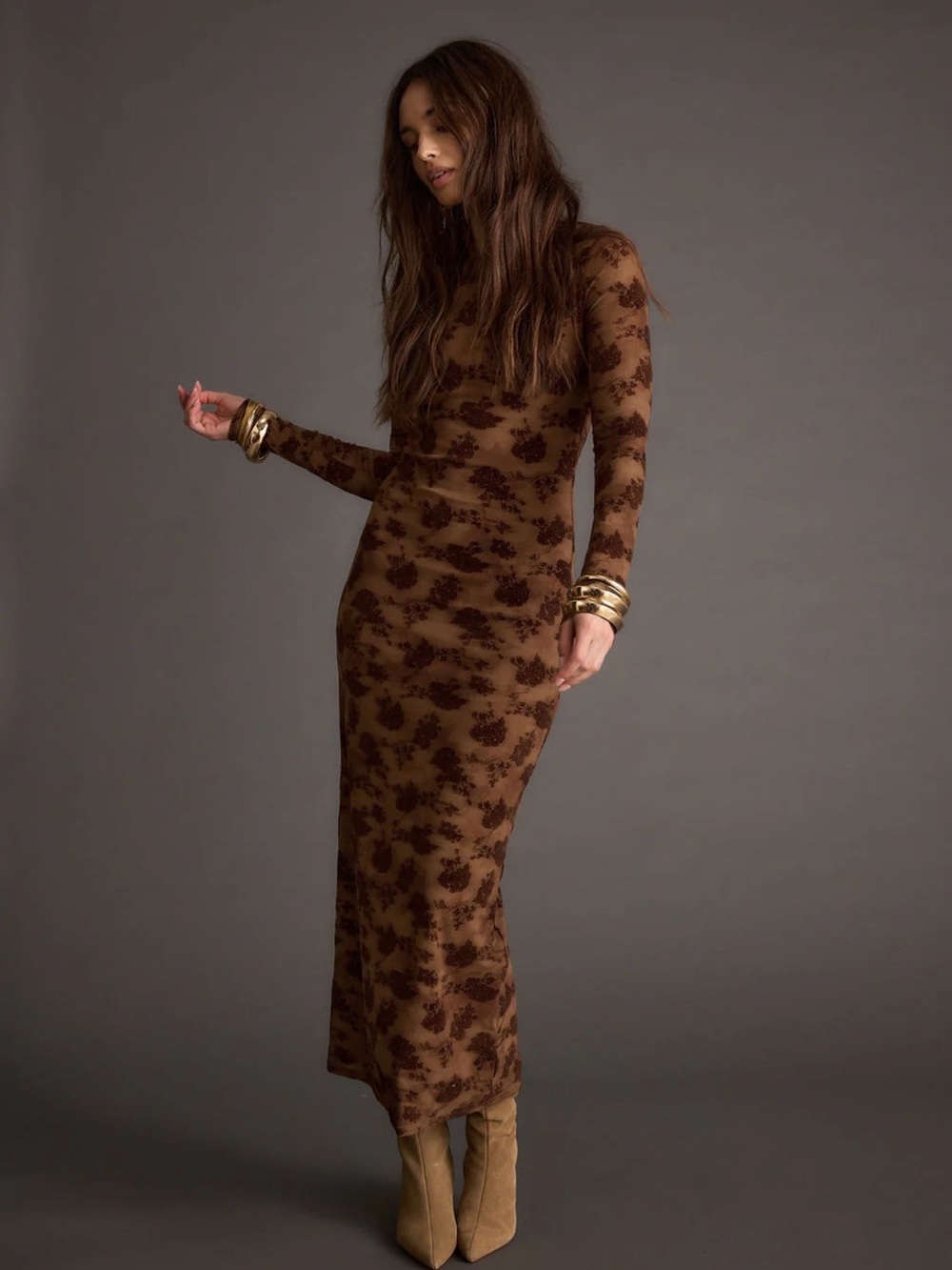 12th Tribe Brown Floral Long-Sleeve Maxi Dress - Picture 3 of 4